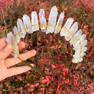 Natural white quartz raw crystal crown with gold wire wrap on bohemian headband