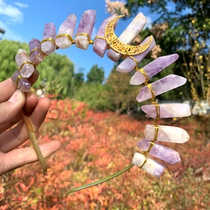 Handmade lavender amethyst crystal headband with golden moon accessory for women