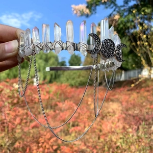 Rainbow crystal quartz moon crown headband with tiered silver chains for boho witch style