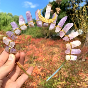 Bohemian Handmade Natural Purple Crystal Crown Headband Vintage Gold Wire Wrap Raw Stone Moon Tiara For Wedding Party Women