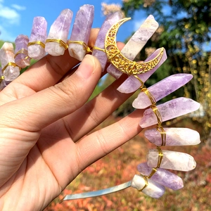 Handmade lavender amethyst crystal crown with golden crescent moon on a metal headband