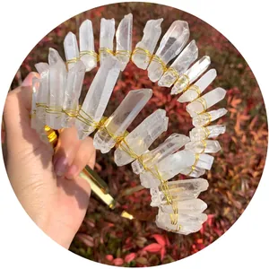 Handcrafted natural white crystal crown headband with golden wire for bohemian style women