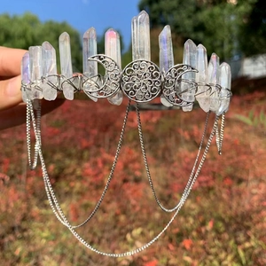Handmade aura crystal crown with moon goddess emblem and hanging metal chains