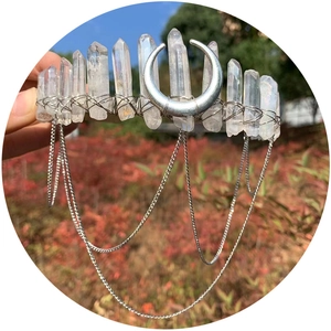 Handmade crown headband with raw crystal points, silver crescent moon, and dangling chains