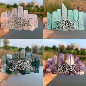 Natural Crystal Cluster Barrette Alloy Triple Moon Handmade Wire Wrapped Hair Clip Bohemian Wicca Mystical Style Women Accessory