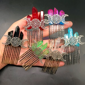 Handmade Natural Crystal Hair Comb Triple Moon Goddess Crown Bridal Headpiece Boho Witchy Moon Hair Accessories For Women Wedding Gift