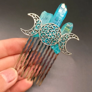 Handcrafted triple moon goddess hair comb with blue crystal clusters on a silver metal base
