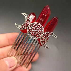 Gothic Triple Moon Goddess hair comb with red natural crystals and silver carved metal finish