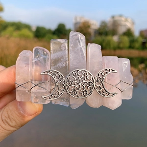 Bohemian triple moon spring hair clip with natural pink crystal quartz points for women