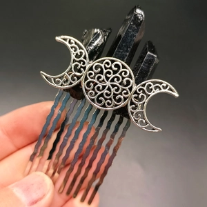 Handcrafted triple moon goddess hair comb in antique silver finish for bridal styling