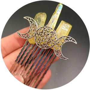 Handmade silver hair comb with yellow crystal stones and triple moon goddess design
