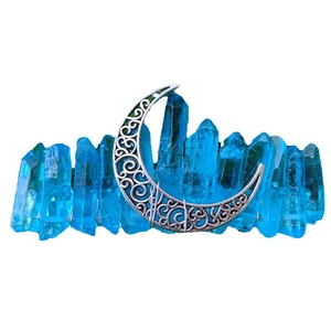 8cm Bohemian crystal spring hair clip with silver hollow moon and blue stones