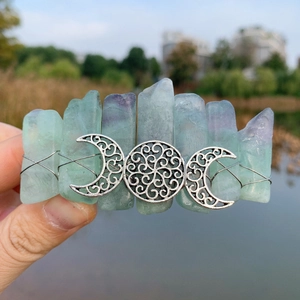 Bohemian triple moon crystal hair clip with green and purple fluorite stones