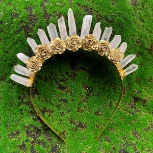 Serre-tête Couronne de Fleurs en Cristal Naturel Bohême Fait à la Main Rose en Métal pour Mariage Fête Bijoux Femme