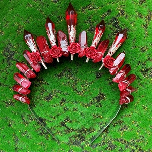 Handmade Gothic red crystal crown with rose details on a silver metal headband