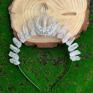 Serre-tête couronne lune fait main en cristal de quartz blanc naturel et métal argenté