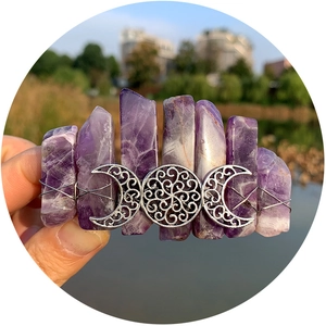 Bohemian triple moon hair clip with natural purple raw amethyst crystals on silver base