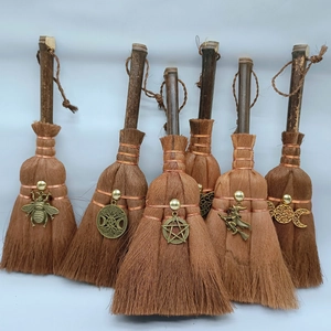 Mini Wicca witch broom car charms with natural wood and assorted bronze crystals pendants