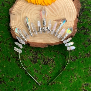 Serre-tête couronne en cristal fait main avec lune et étoile d'argent sur mousse