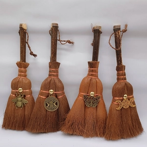 Mini Wicca altar besom brooms with crystal accents and brass charms for car or home decor