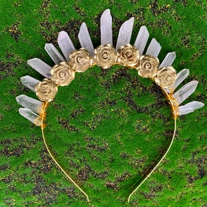 Serre-tête en cristal blanc naturel avec roses dorées pour couronne de mariée bohème