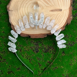 Serre-tête couronne en cristal blanc fait main avec pierre brute et croissant argenté