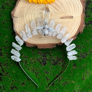 Serre-tête couronne en cristal naturel fait main avec abeille argentée sur mousse