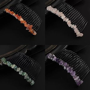Handmade Vintage Black Metal Hair Comb With Irregular Natural Crystal Stone Chips Decorative Insert Comb For Women Hair Jewelry