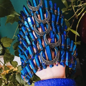 Serre-tête couronne en cristal bleu fait main avec croissants de lune argentés