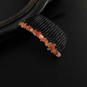 20-tooth black hair comb featuring natural orange-red raw stone crystals for women