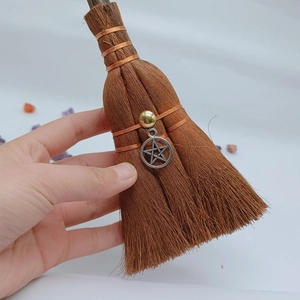 Miniature wicca broom pendant with silver pentagram charm and natural fiber details