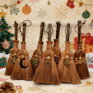 Handmade Mini Witch Broom Hanging Ornament Mystical Wicca Altar Decor With Metal Charm For Halloween Party Home Car Decoration