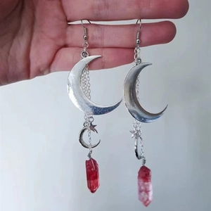 Bohemian triple moon silver earrings with red crystal pendants and celestial star chain style