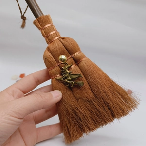 Miniature Wicca witch broom car pendant with bronze charm and crystal bead decoration