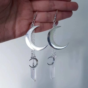 Bohemian triple moon earrings with silver fringe chains and natural crystal drop pendants