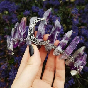 Handmade bohemian amethyst crystal tiara with vintage silver moon for bridal costume