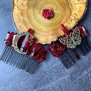 Handmade moon butterfly hair comb set with deep red natural crystal stones and gold finish