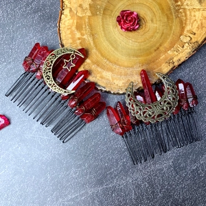 Vintage Red Crystal Moon Star Hair Comb Bohemian Gothic Mystic Raw Stone Hair Accessories For Women Halloween Party