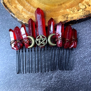 Handmade mystical red crystal hair comb with crescent moon and star on black metal base