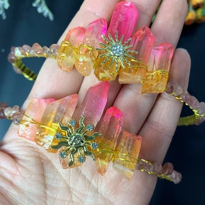 Handmade sun goddess crown with gradient crystals and gold wire wrapping style