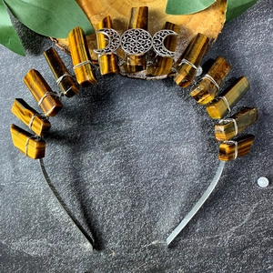Bohemian triple moon crown with natural tiger eye stone pillars for bridal headwear