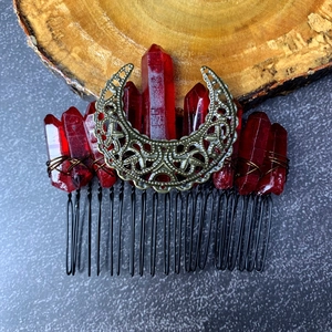 Gothic style hair comb with red crystal quartz pillars and antique bronze moon piece