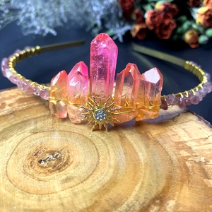 Bohemian sun goddess crown with natural raw crystal points and golden wire wrapping