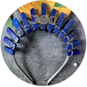 Handmade raw lapis lazuli crystal crown with triple moon goddess symbol on silver headband
