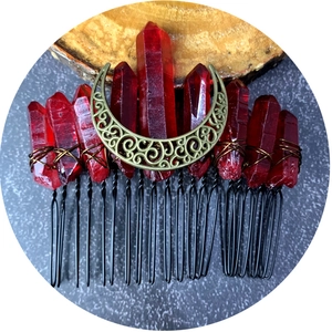 Handmade red crystal moon hair comb with boho metal moon ornament for women