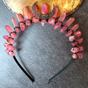 Handmade aura pink crystal crown with moon charm on a black bohemian headband