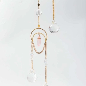 Bohemian Crystal Moon Suncatcher Wind Chime Gold Metal Frame Amethyst Stone Glass Ball Hanging Decoration For Home Window Garden
