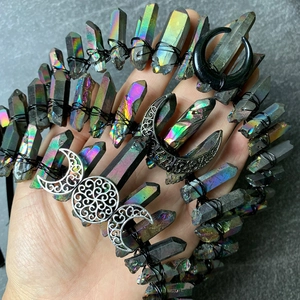 Close-up of gothic wicca crown with rainbow titanium crystals and crescent moon detail
