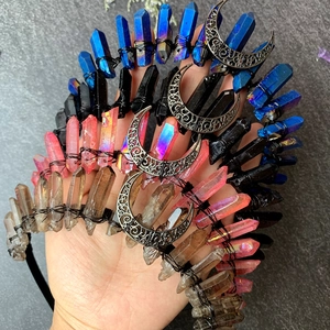 Handmade gothic crystal crown headband set with moon pendants in four vibrant colors