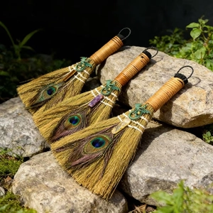 Handmade Natural Crystal Wiccan Altar Broom With Peacock Feather And Flying Dragon Pendant Pagan Witch Besom Ritual Ornament Mysterious Halloween Home Decor